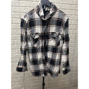 Young Hearts Flannel Plaid Shirt Black White Red Brown Button Long Sleeve Size L
